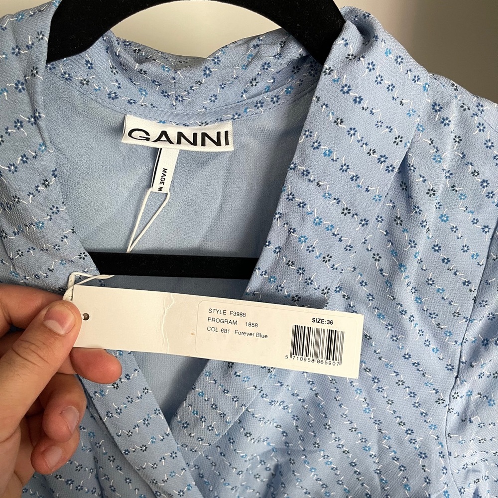 Ganni blue floral wrap dress